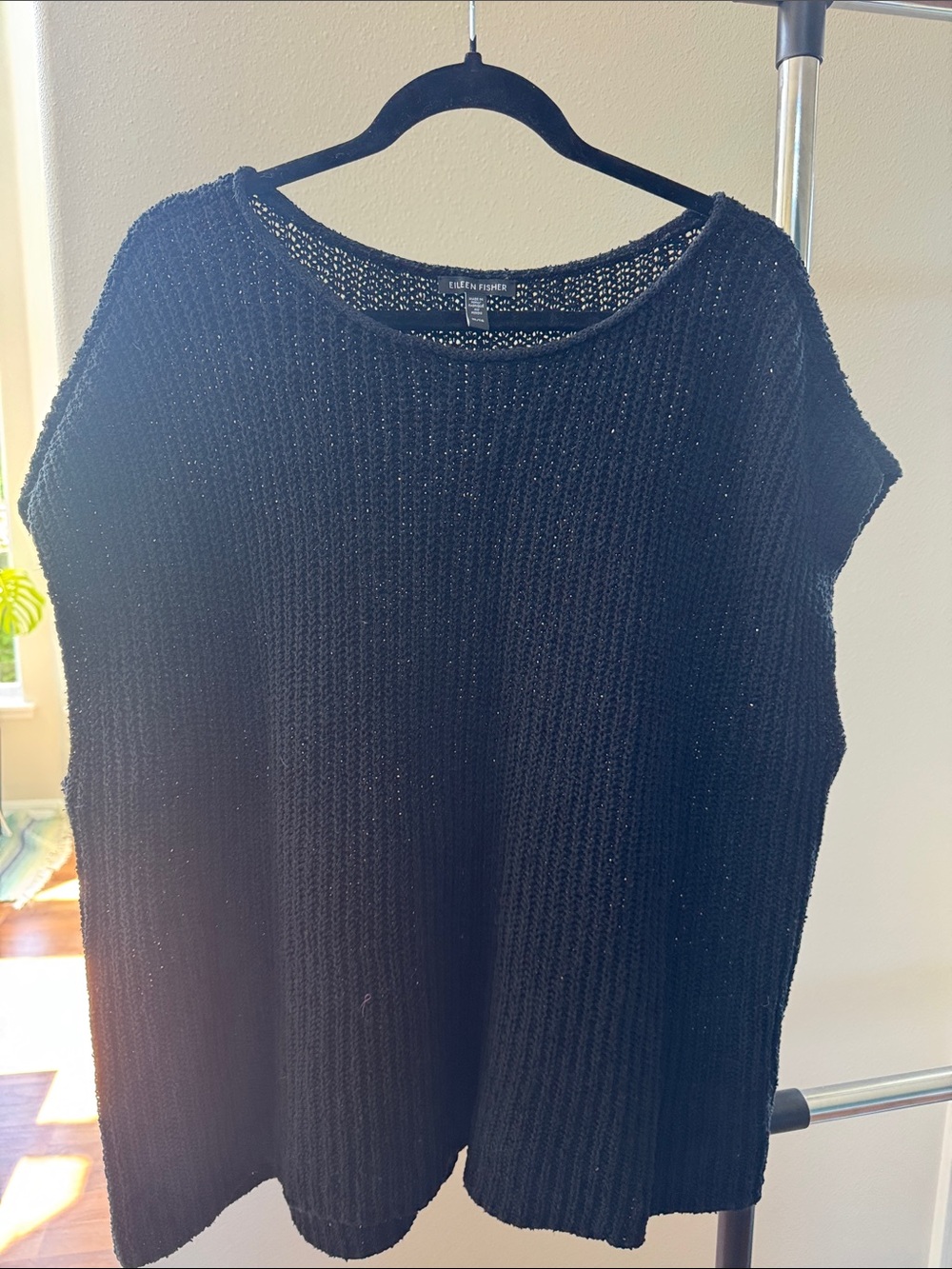 Eileen Fisher Black Ribbed Knit Short Sleeve Top